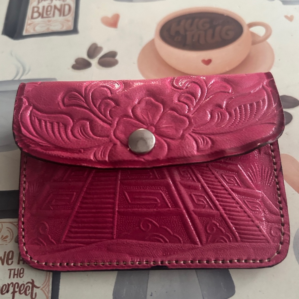 Hand tooled leather Fuschia Pink card case small wallet made in Mexico NWOT